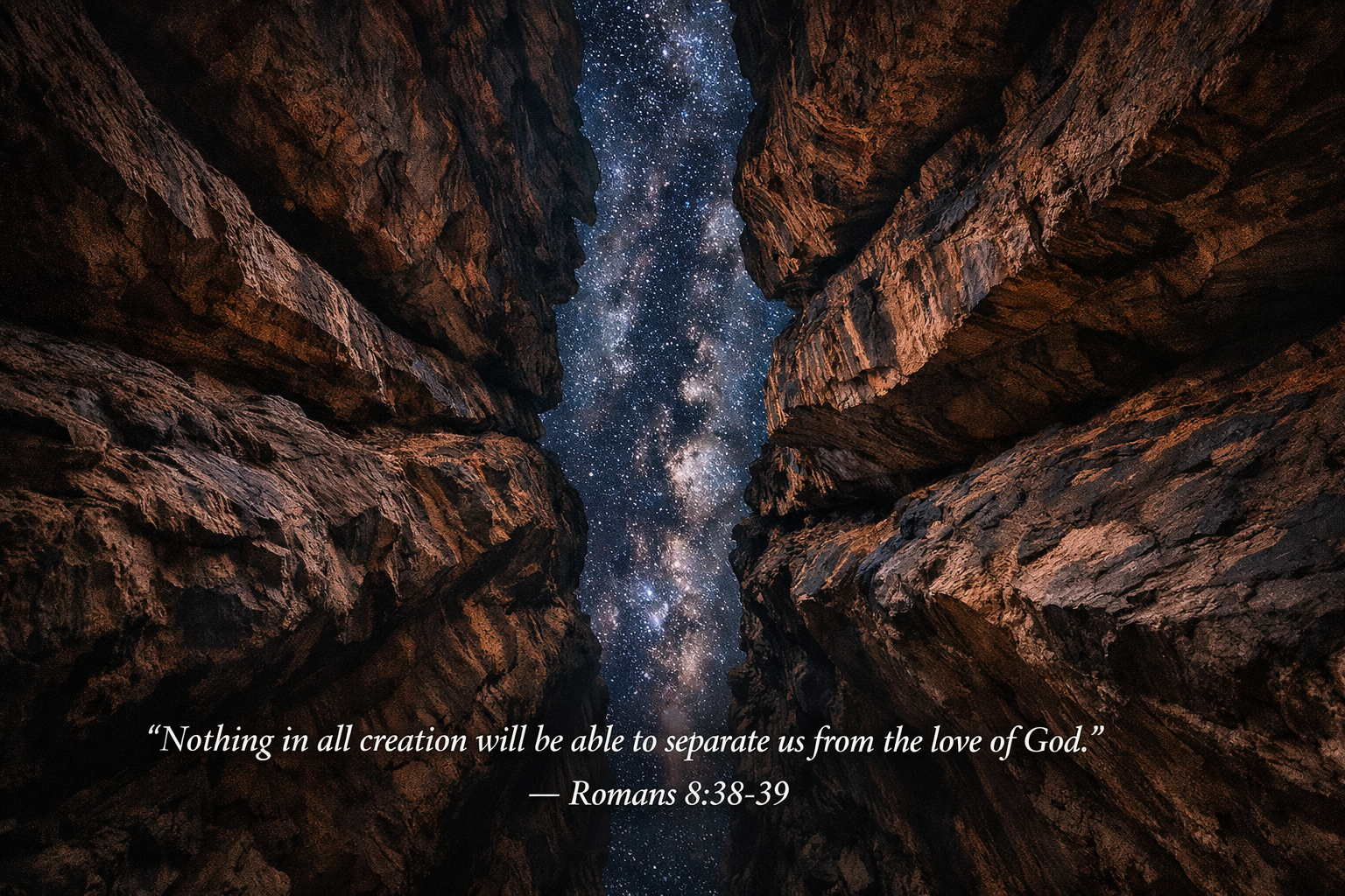 Romans 8:38-39 Bible verse wallpaper deep canyon starlit sky rock walls height depth nothing separate love of God